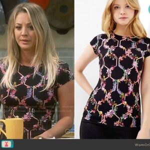 Ted Baker Floral Geometric Black Short Sleeve Women's Top